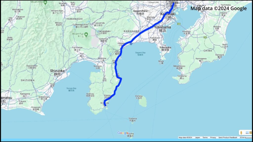 The route from Tokyo to Izukyu Shimoda